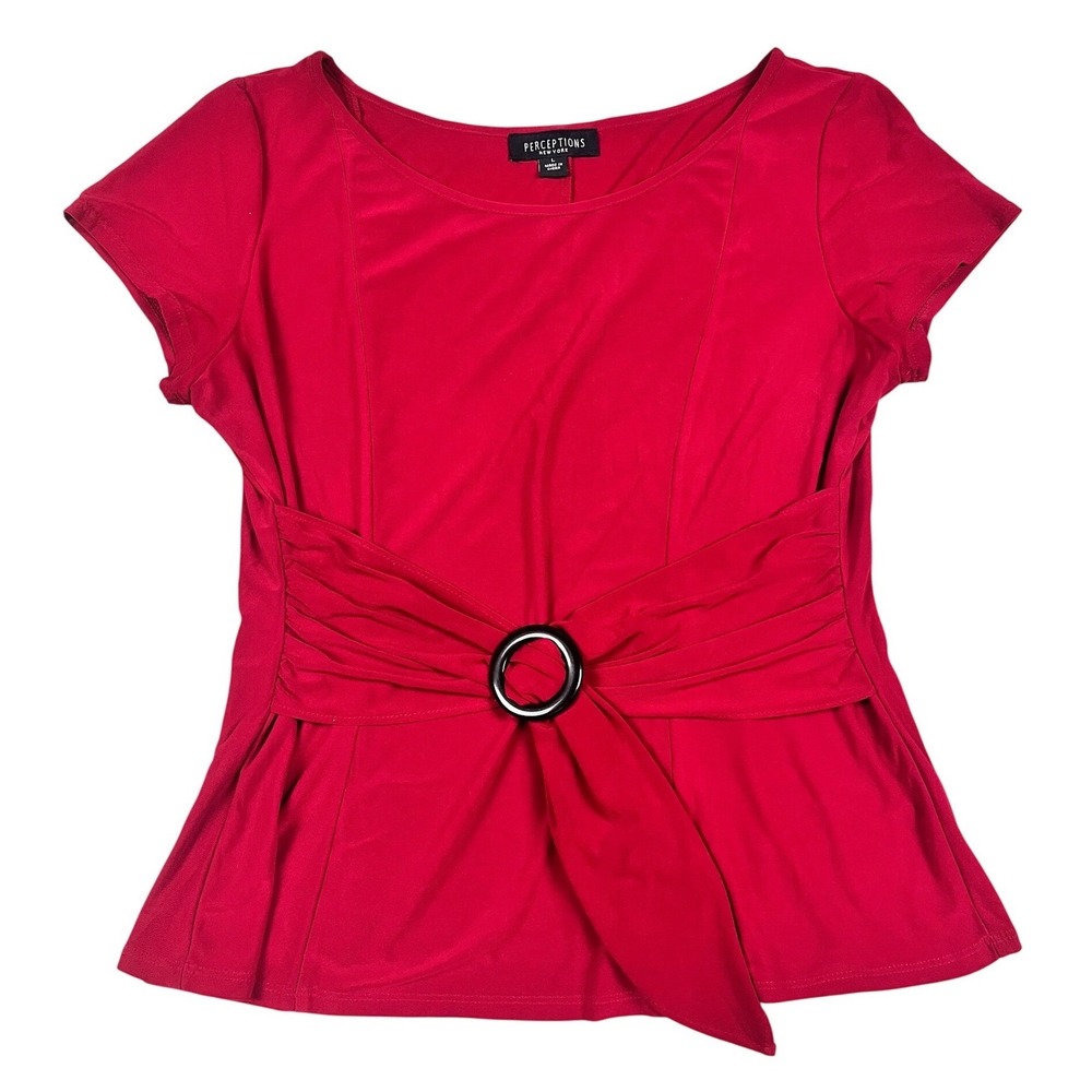 Perceptions New York Red O-Ring Belted Short Sleeve Knit Top‎ Womens Large
